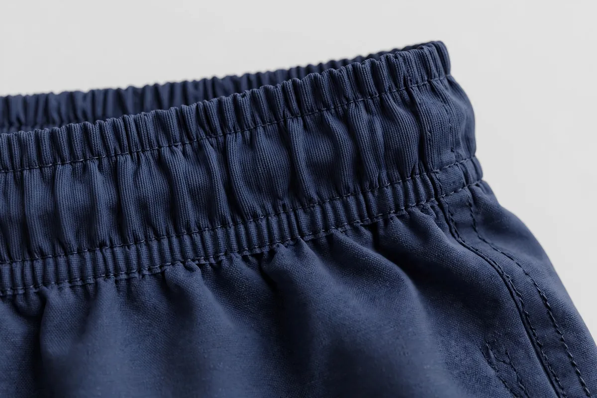 Close-up of a navy elastic waistband with flat stitching on swim shorts
