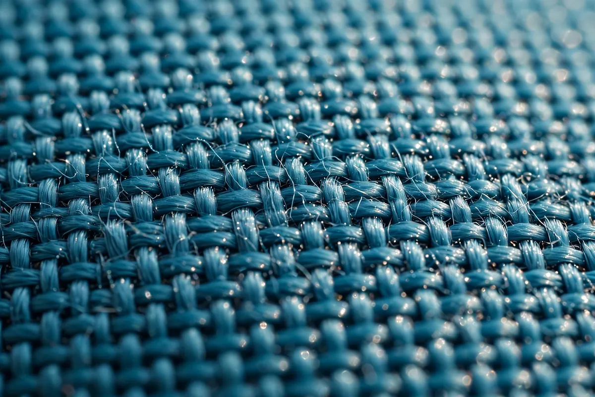 Macro detail of quick-dry woven boardshort fabric weave in teal blue