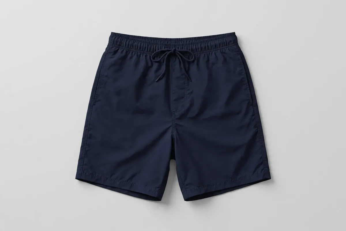 Concept flat-lay of a plain unbranded men's boardshort on a light gray studio background