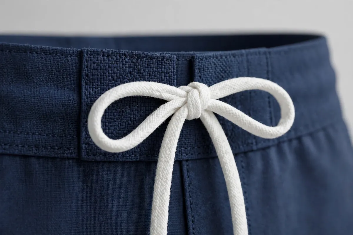 Close-up of a boardshort waistband with a white drawstring tied in a bow, showing woven fabric texture