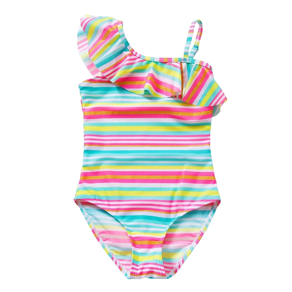 Cust Girls One Shoulder Ruffle One Piece Bathing Swimsuit Colorful Print Swimwear