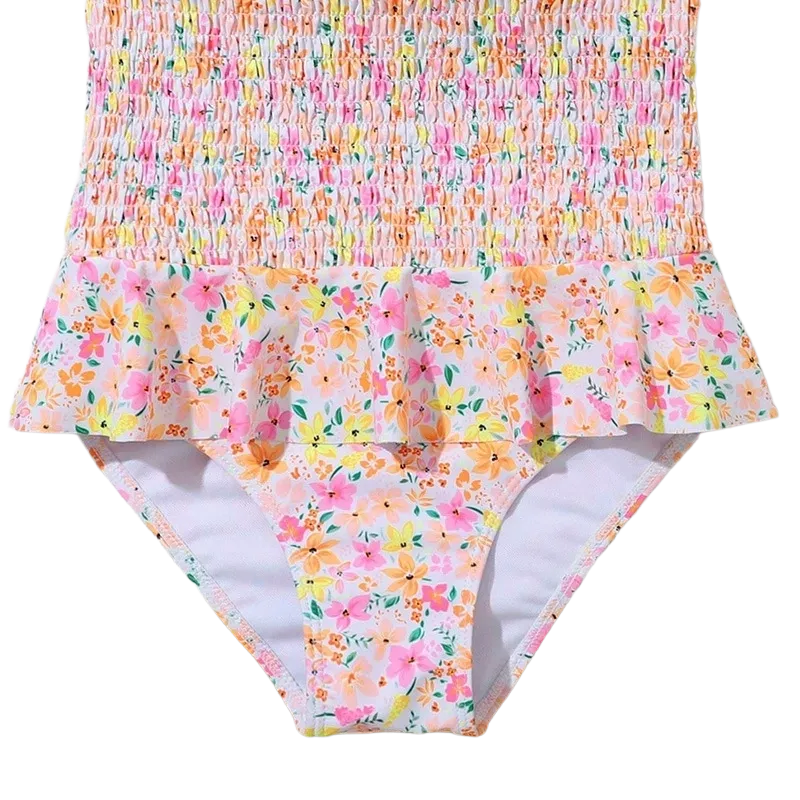 Custom Girls Floral Print Ruffle Strap Smocking One-Piece Bathing Suit Swimsuit