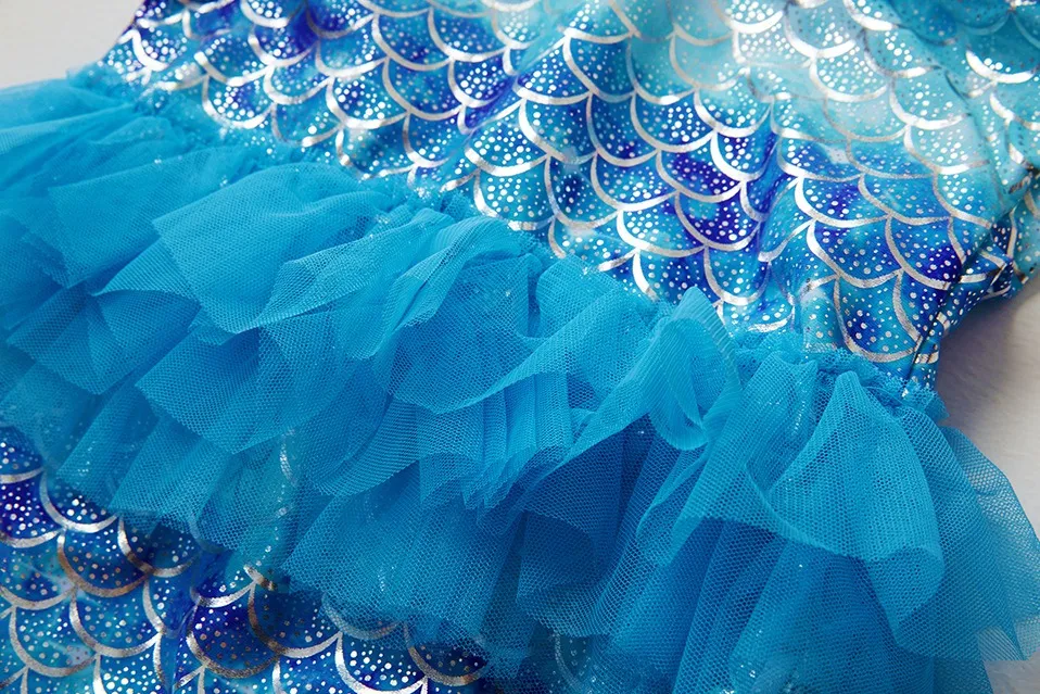 Custom Girls Mermaid foil print Scale Girls One Piece Swimsuit with Tulle Skirt