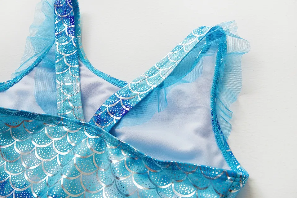 Custom Girls Mermaid foil print Scale Girls One Piece Swimsuit with Tulle Skirt