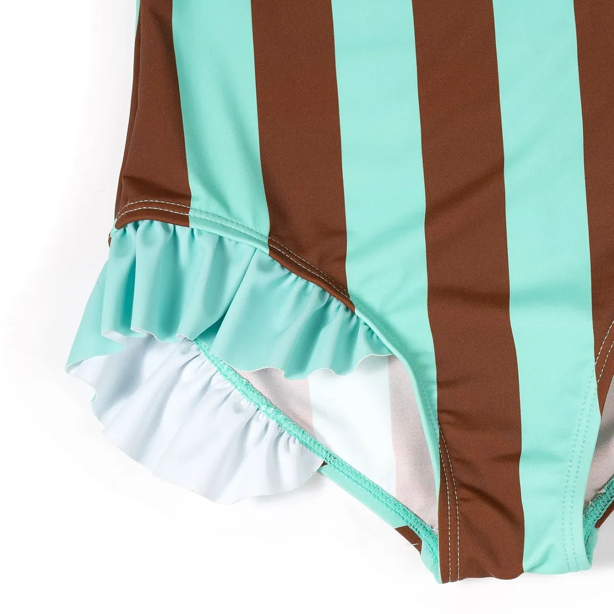 Custom Girls Striped Bathing Suit One Piece with Shoulder Frill and Leg Trim