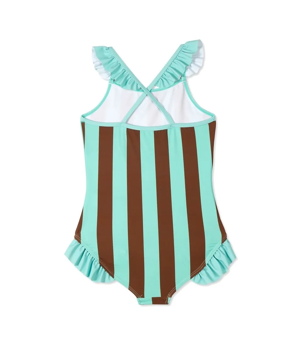 Custom Girls Striped Bathing Suit One Piece with Shoulder Frill and Leg Trim