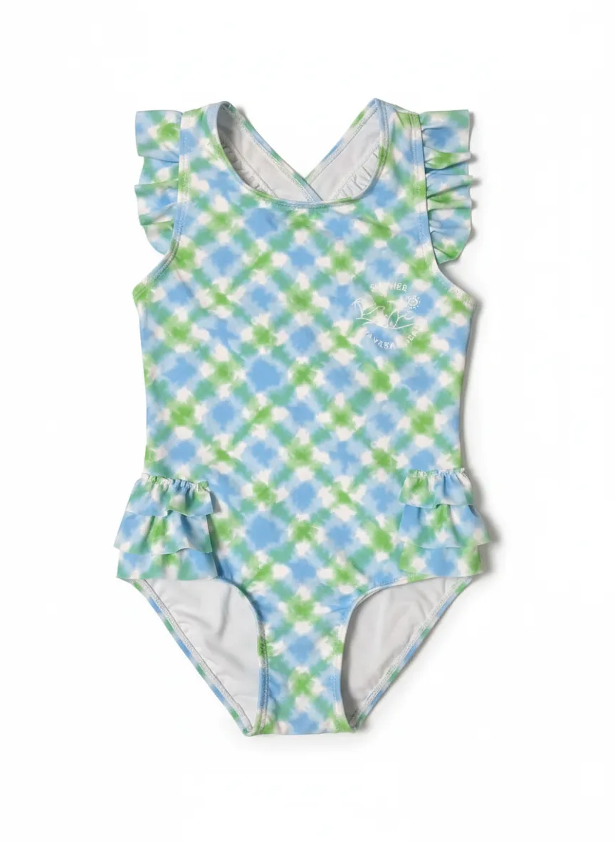 Custom Girls’Print One Piece Bathing Suit Swimsuit with Layered Ruffles