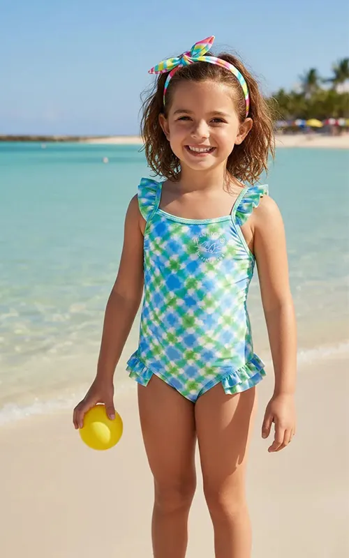 Custom Girls’Print One Piece Bathing Suit Swimsuit with Layered Ruffles