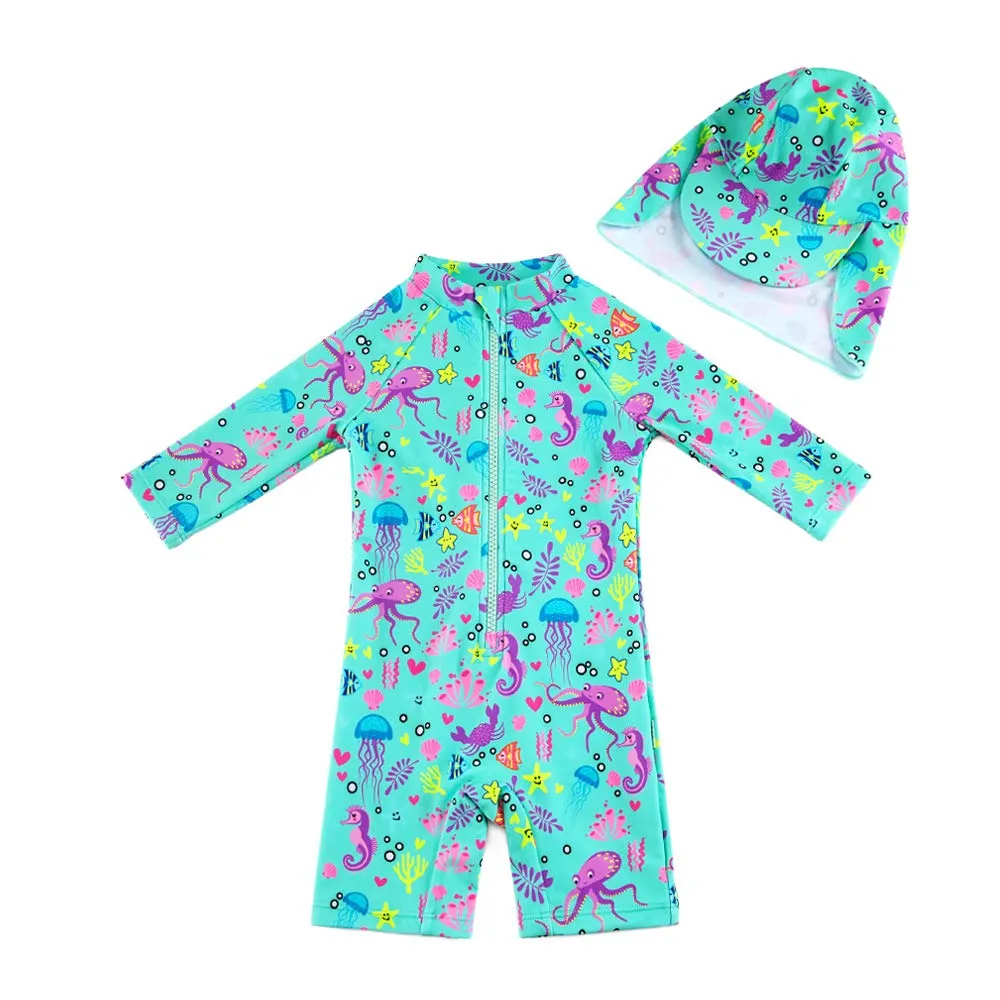 Custom Infant Toddler Boys Full Body Rash Guard UV Protection Swimsuit Set with Cap