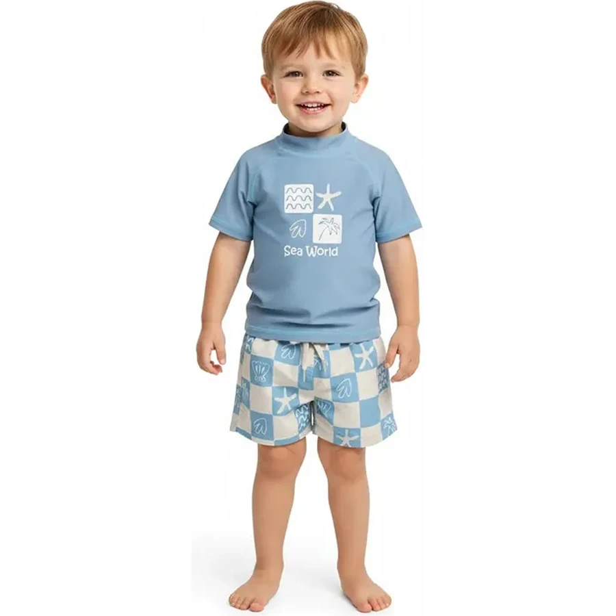 Custom Toddler Two-Piece Swimwear Set Rash Guard Sun Safe Rash Vest and Boardshorts