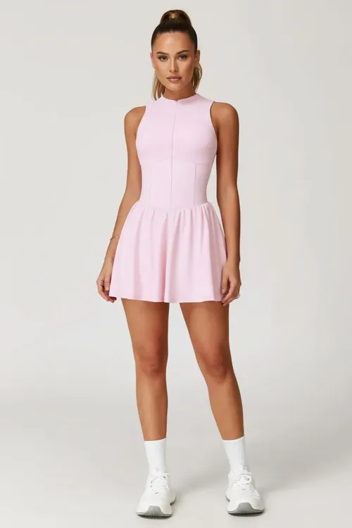Custom Womenâs Activewear High-Neck zipper up Sleeveless Tennis Dress Sports Skirt