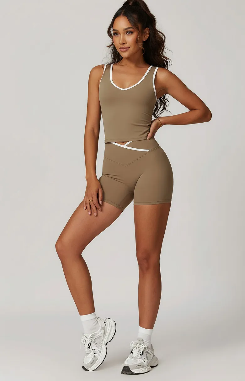 Custom Women’s Activewear Set V-Neck Tank Top High-Waist Shorts with Contrast Trim