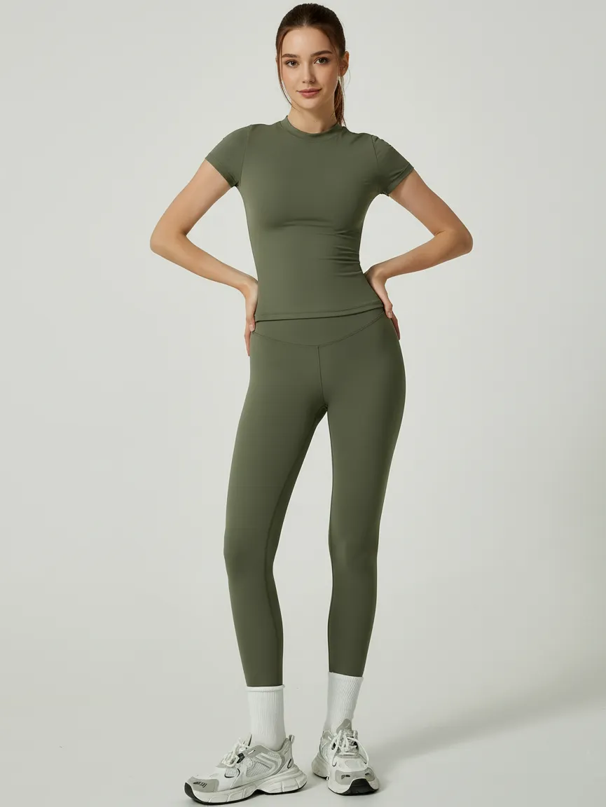 Custom Women’s Activewear Yoga Set ,Short Sleeve Top & High Waist Leggings for Training