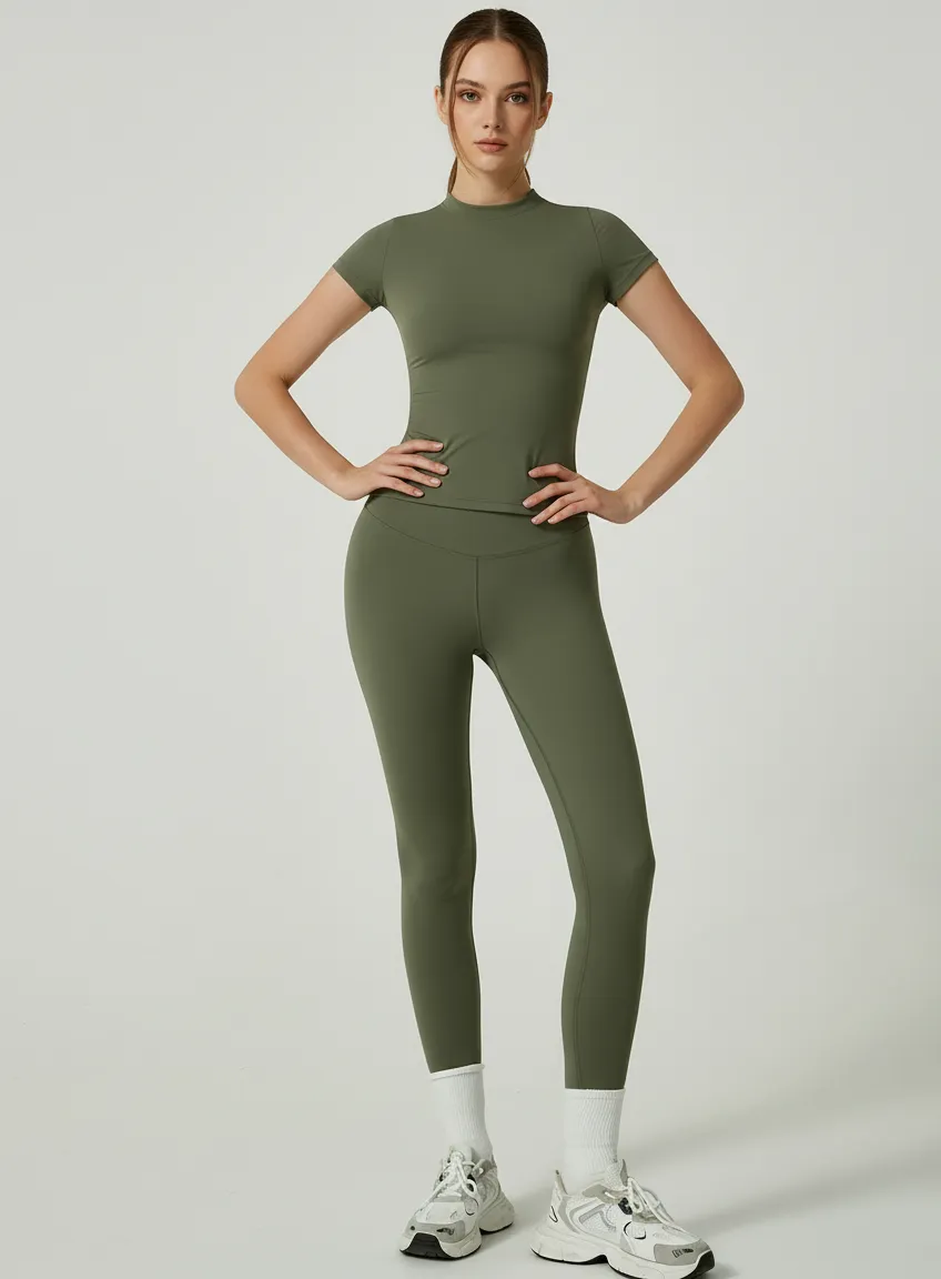 Custom Womenâs Activewear Yoga Set ,Short Sleeve Top & High Waist Leggings for Training