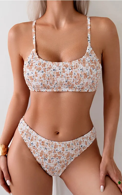 Custom Women's Floral Swimsuits 2 Piece Smocked High Cut Adjustable Strap Bikini Set