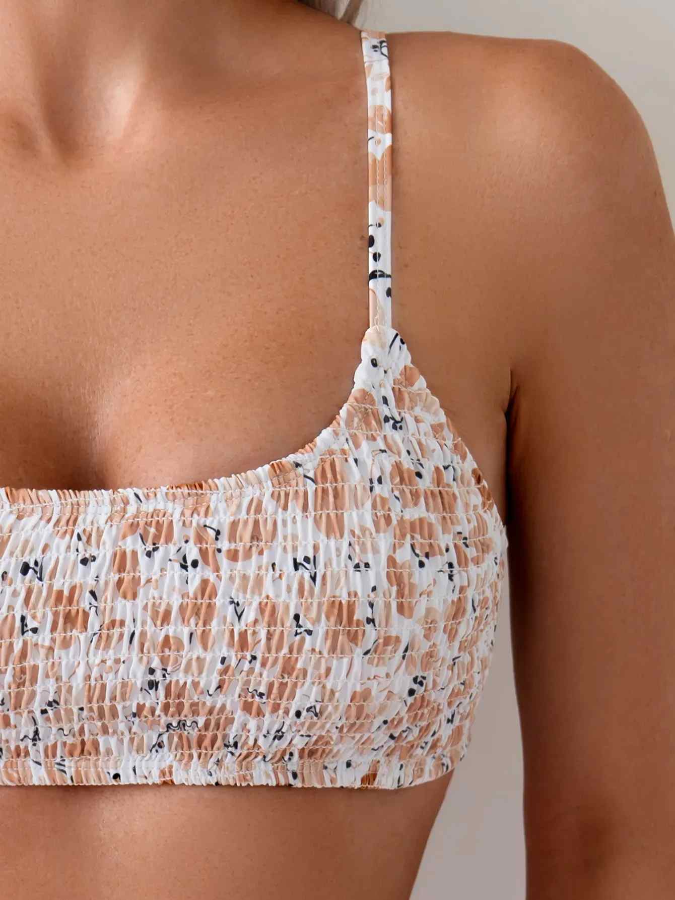 Custom Women's Floral Swimsuits 2 Piece Smocked High Cut Adjustable Strap Bikini Set
