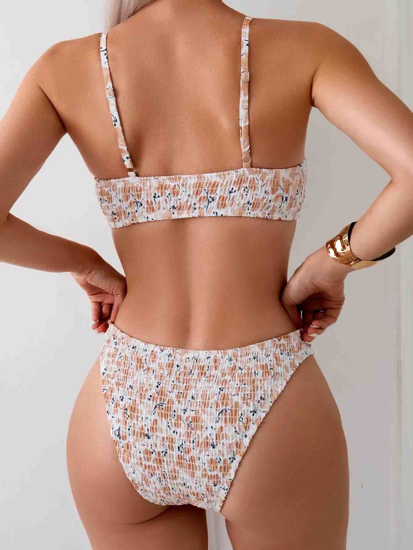 Custom Women's Floral Swimsuits 2 Piece Smocked High Cut Adjustable Strap Bikini Set
