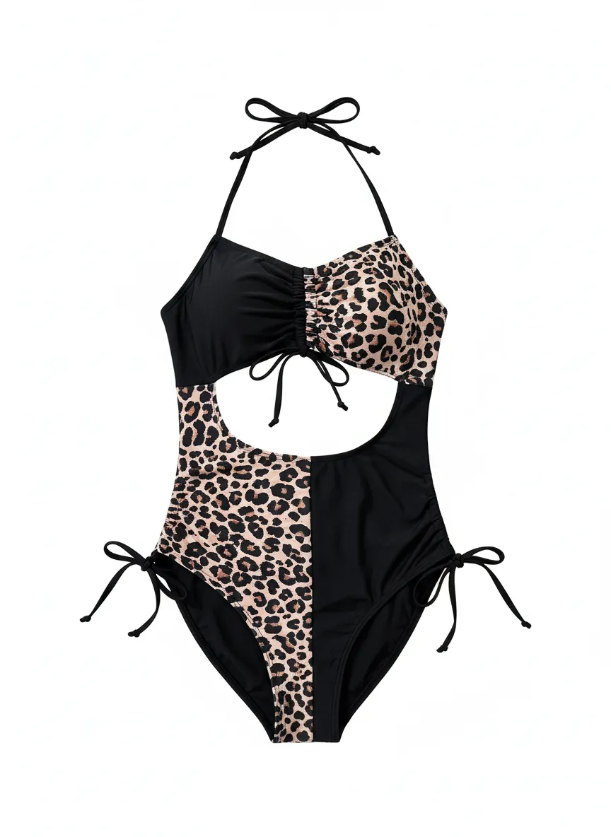 Custom Women's Halter Leopard Cut Out One Piece Swimsuit Sexy Monokini with Side Tie Cut Out