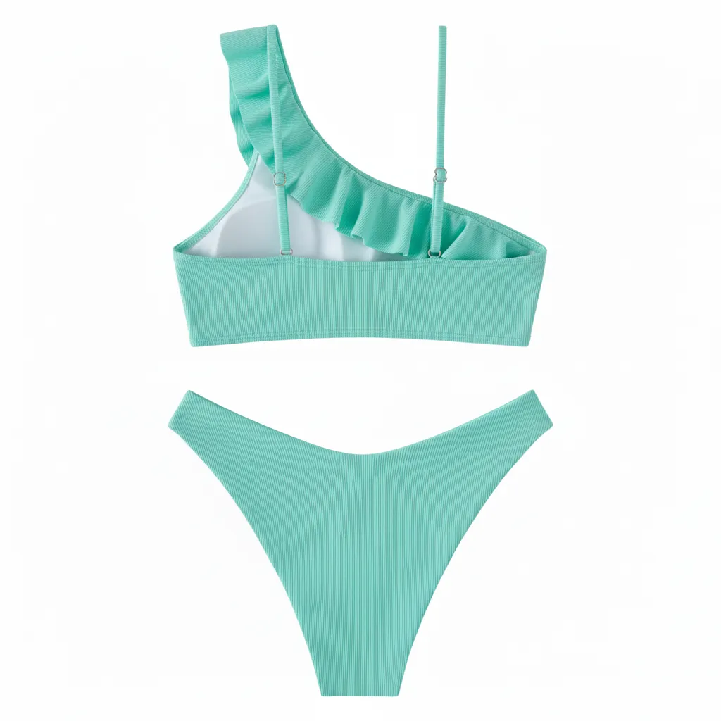Custom Women's Ribbed fabric with Ruffle One Shoulder Ruffle Bikini Set Swimwear