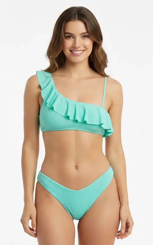 Custom Women's Ribbed fabric with Ruffle One Shoulder Ruffle Bikini Set Swimwear