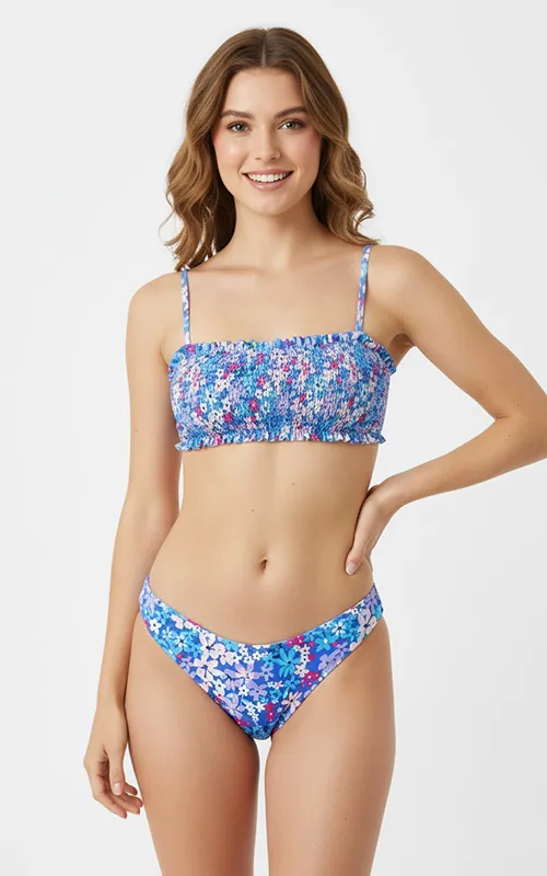 Custom Women's Ruffled Smocked Bandeau Two Piece Bikini with High Waist Bottom