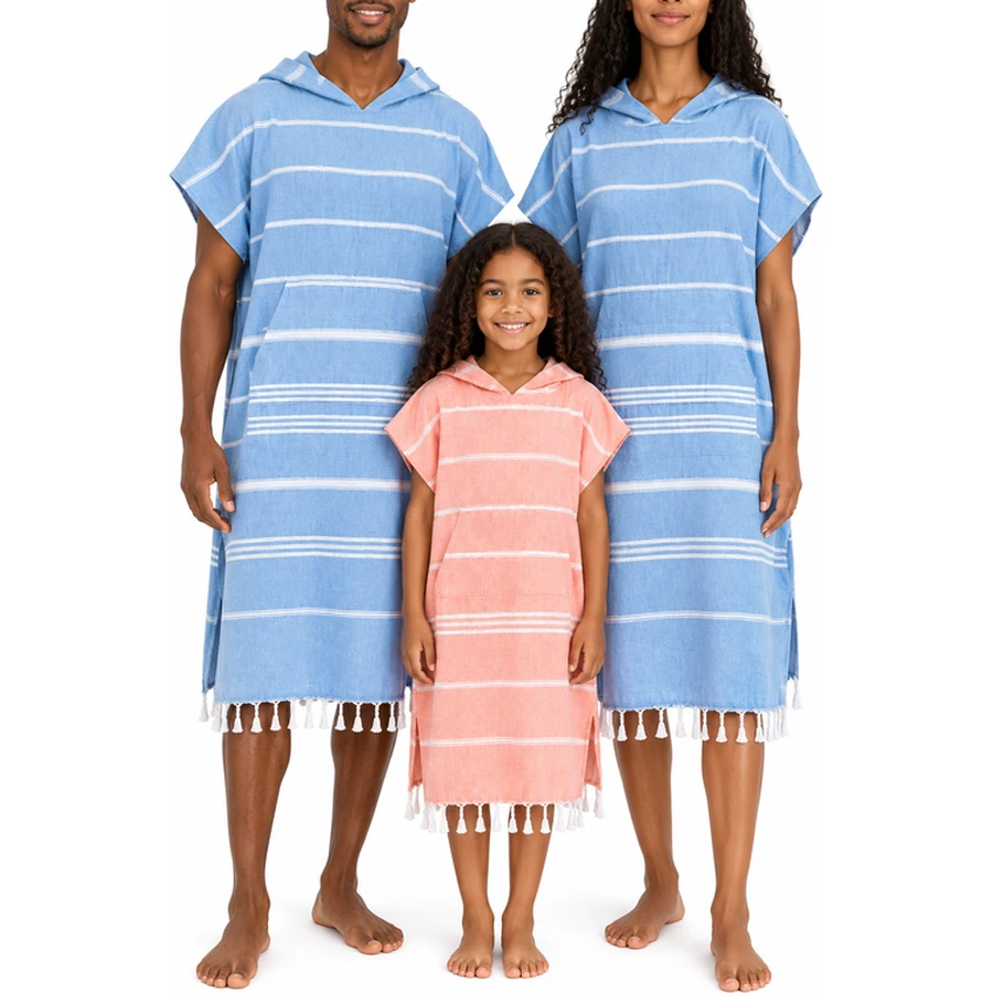 Family Striped Fringe Cotton Poncho