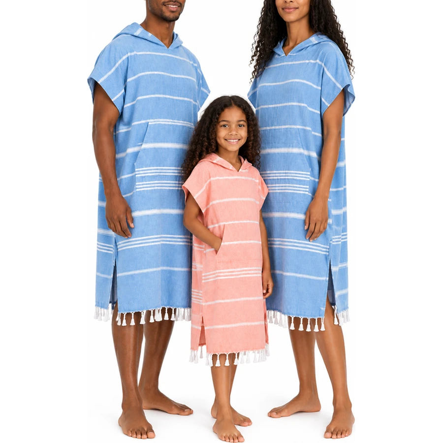 Family Striped Fringe Cotton Poncho