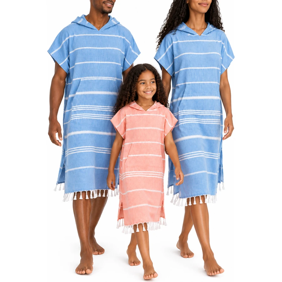 Family Striped Fringe Cotton Poncho