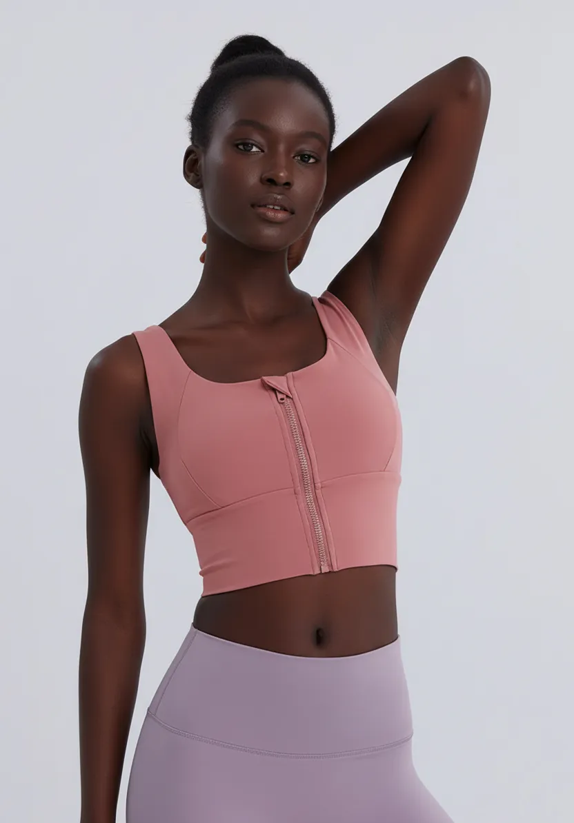 Front Zip Sports Bra High Support Longline Activewear Top for Women