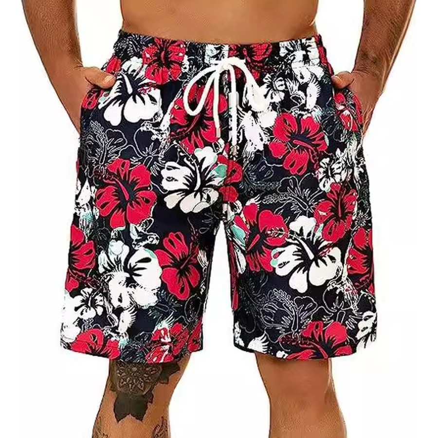 Custom Men's Navy Hibiscus Print Boardshorts