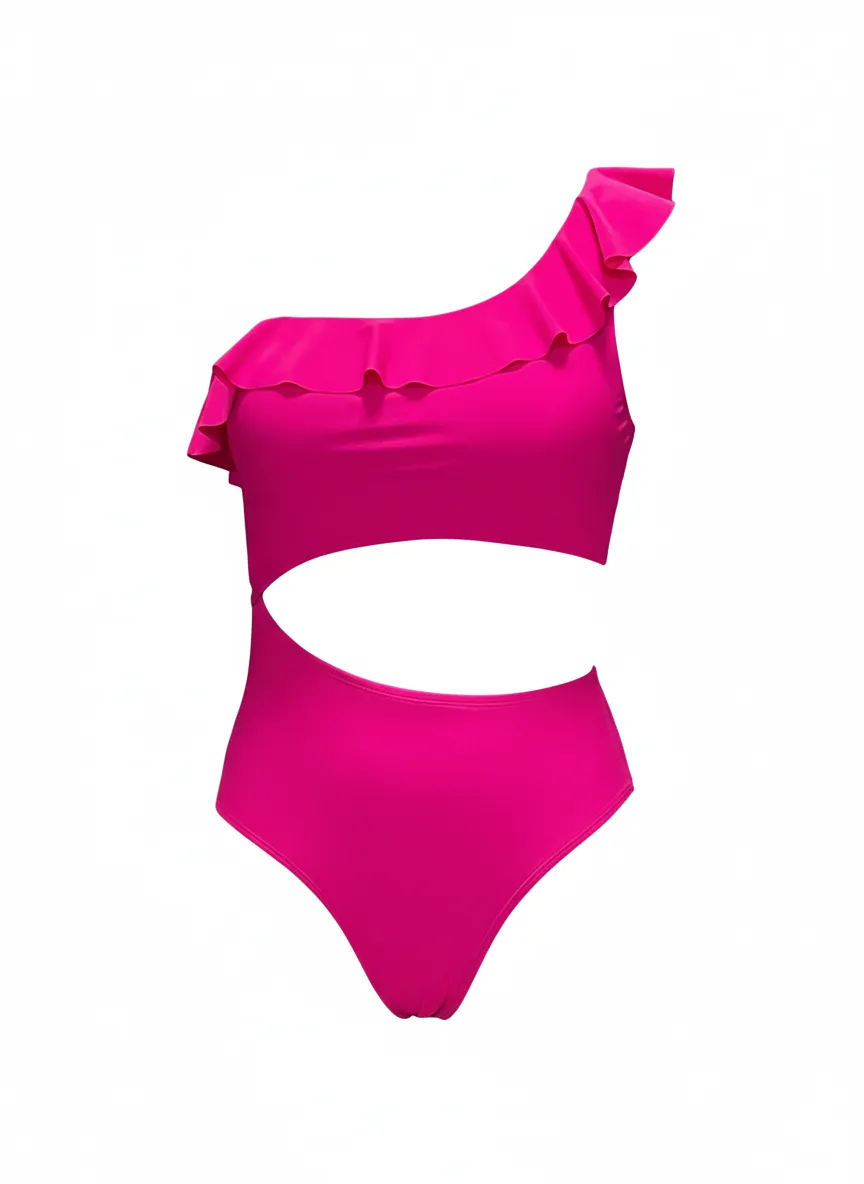 One-Shoulder Ruffle Cut-Out One-Piece Swimsuit with Elegant Fit