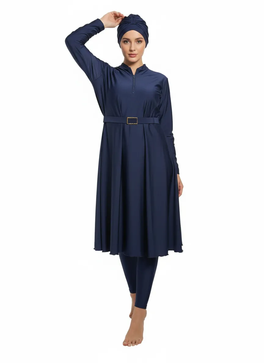 Women's Loose-Fit Half-Zip Belted Muslim Modest Burkini Rash Guard Long Sleeve Surfing Swimsuit Bathing Suit