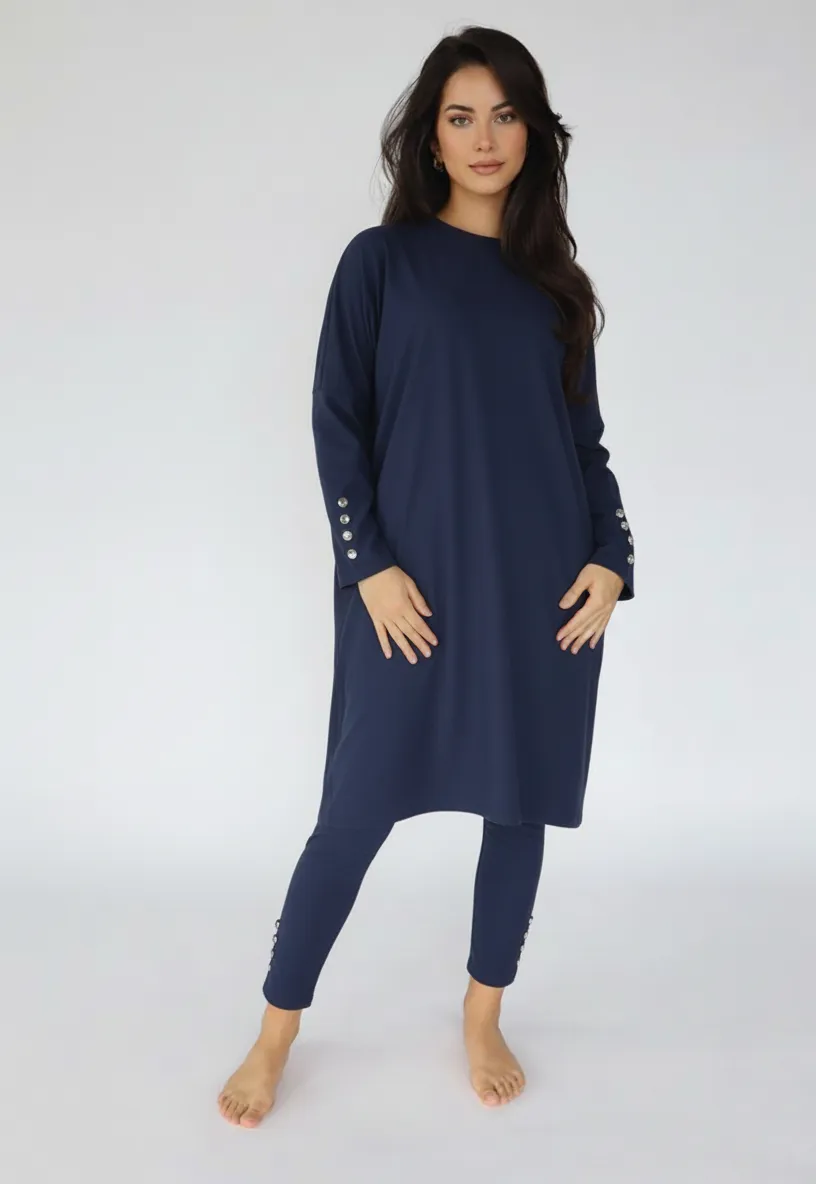 Women's Loose-Fit Half-Zip Belted Muslim Modest Burkini Rash Guard Long Sleeve Surfing Swimsuit Bathing Suit